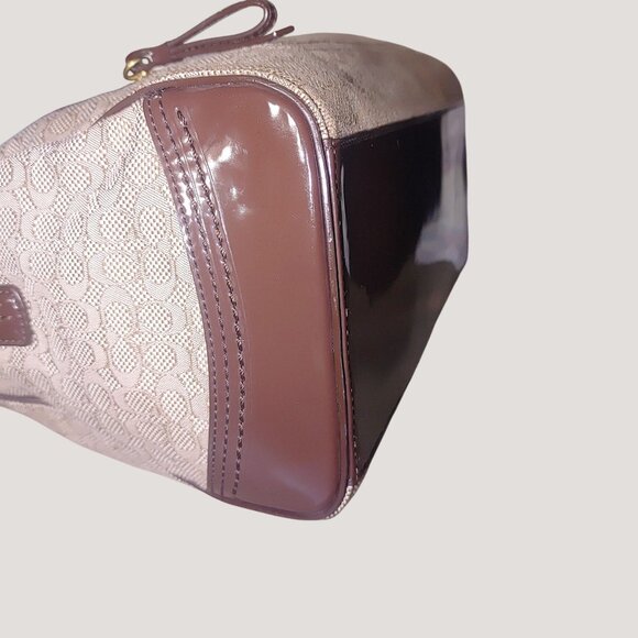 Coach Poppy Signature Handbag Satchel Oxford Khaki Mahogany Patent Leather Trim - Picture 14 of 16